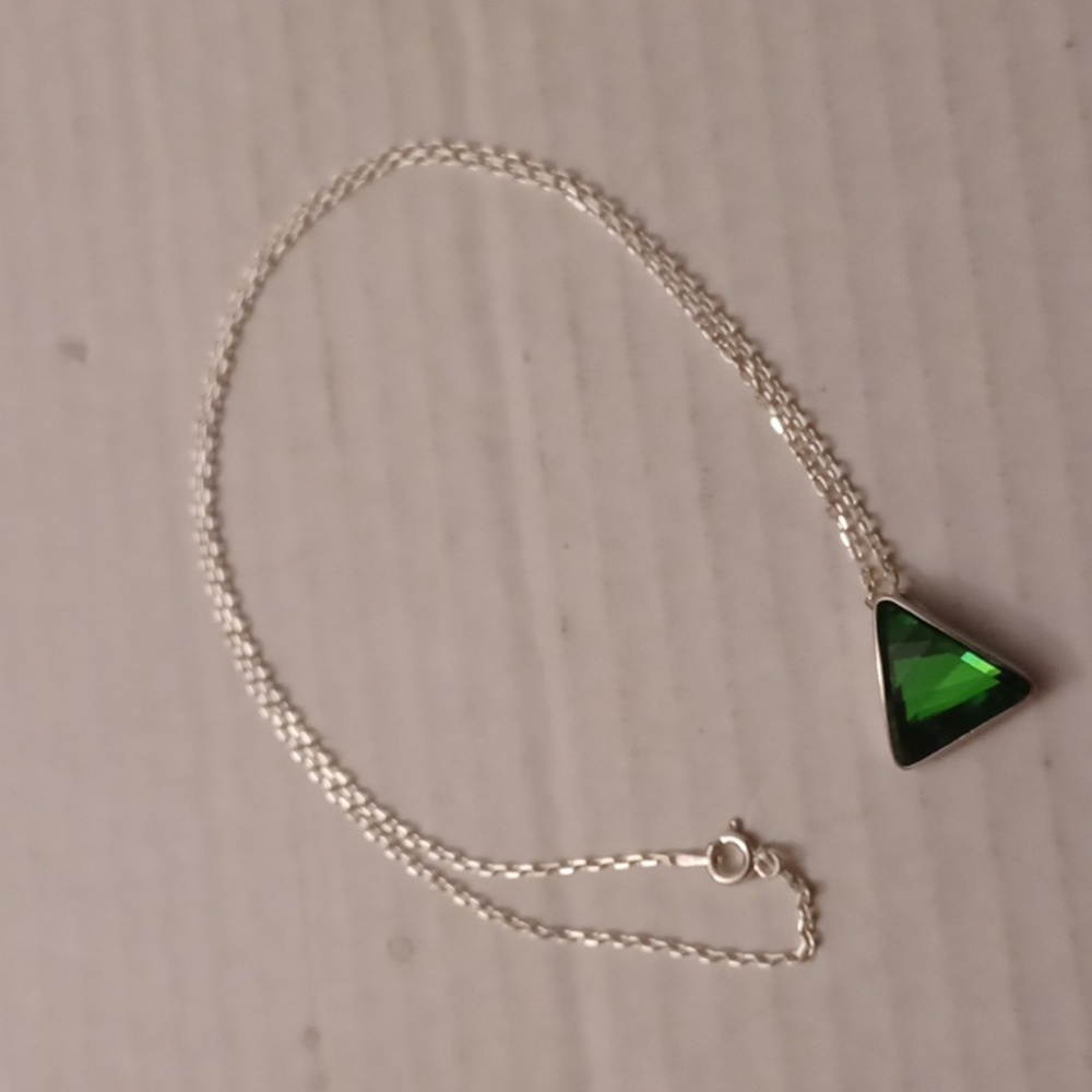 4/$60 Green Triangle Gem Necklace - 20 inch Silver Chain